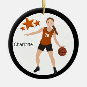 Brunette Girl Basketball Player Oranje en zwart Keramisch Ornament