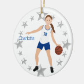 Brunette Girl Basketball Player White en Blue Keramisch Ornament (Links)