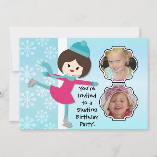 Brunette Girl Birthday Skating Party Invitation Kaart (Voorkant)