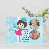 Brunette Girl Birthday Skating Party Invitation Kaart (Staand voorkant)