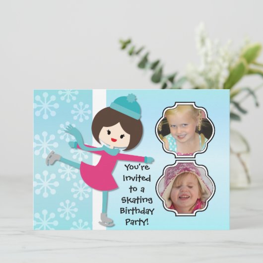 Brunette Girl Birthday Skating Party Invitation Kaart (Staand voorkant)