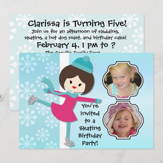 Brunette Girl Birthday Skating Party Invitation Kaart (Voorkant / Achterkant)
