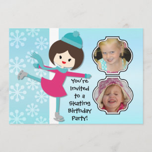 Brunette Girl Birthday Skating Party Invitation Kaart