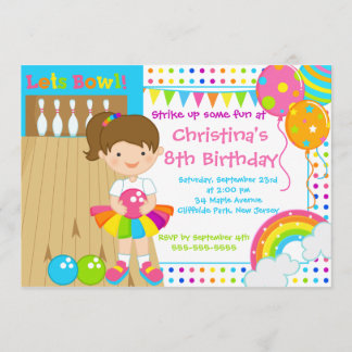 Brunette Girl Bowling Birthday Party Kaart