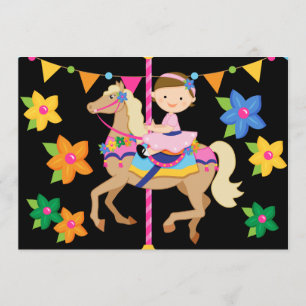 Brunette Girl Carousel Birthday 5x7 Uitnodiging