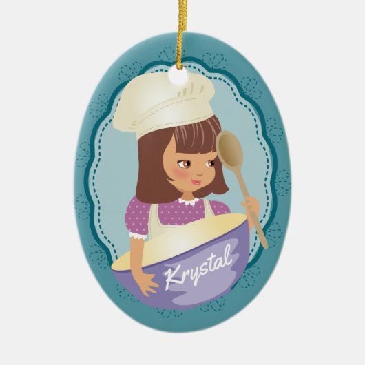 Brunette girl chef bakker gepersonaliseerd kerstfe keramisch ornament (Voorkant)