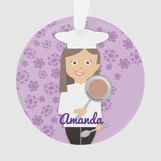 Brunette girl chef pet die pan gepersonaliseerd fr ornament (voorkant)