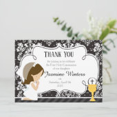 Brunette Girl First Community Damask Bedankkaart (Staand voorkant)