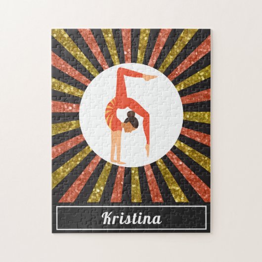 Brunette Girl Gymnast Gymnastics Gold Oranje Name Legpuzzel (Verticaal)