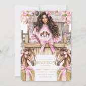 Brunette Girl Horse Birthday Invitation Kaart (Voorkant)