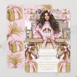 Brunette Girl Horse Birthday Invitation Kaart