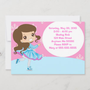 Brunette Girl Ice Skating Birthday Invitation Kaart