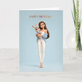 Brunette Girl in Blue Cardigan w/ White Bunny BDay Kaart