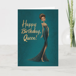 Brunette Girl in Dark Teal Gown Happy BDay Queen Kaart