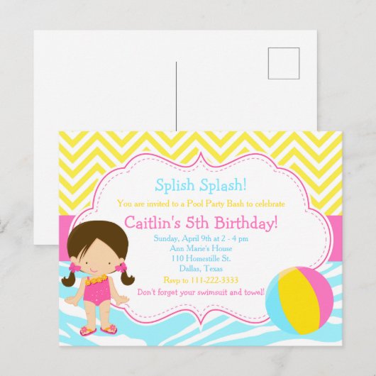 Brunette Girl Pool Party Bash Briefkaart (Voorkant / Achterkant)