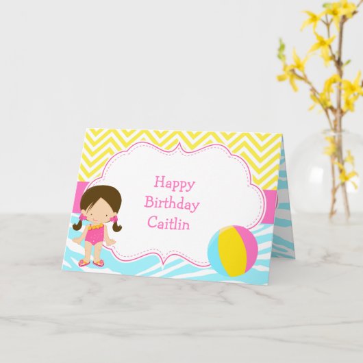 Brunette Girl Pool Party Bash Kaart (Gele Bloem)