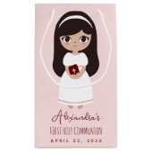 Brunette Girl Religious First Heilige Communer Roz Klein Cadeauzakje (Achterkant)