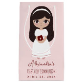 Brunette Girl Religious First Heilige Communer Roz Klein Cadeauzakje (Voorkant)