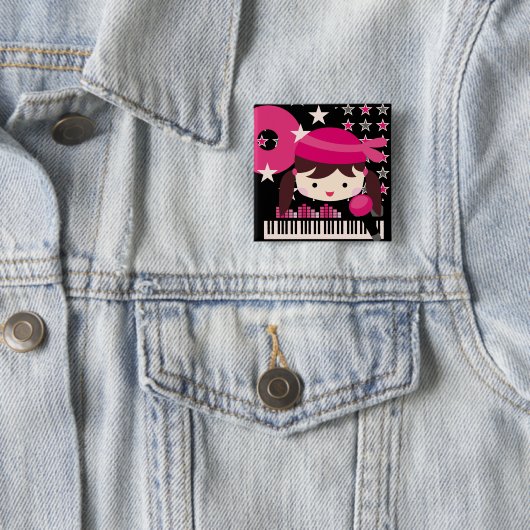 Brunette Girl Rock Star Party Birthday Button (In situ)
