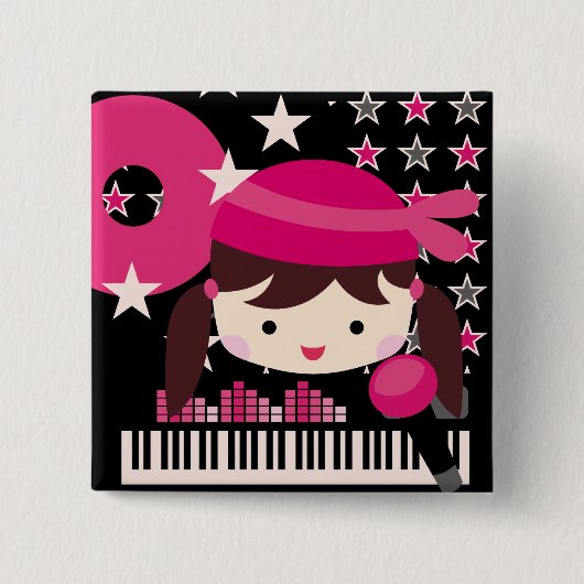 Brunette Girl Rock Star Party Birthday Button (Voorkant)