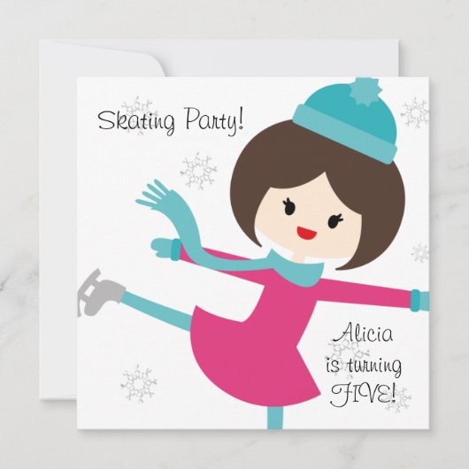 Brunette Girl Skating Birthday Invitation Kaart (Voorkant)