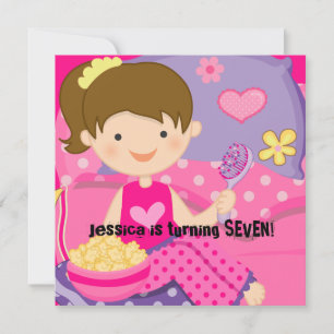 Brunette Girl Slumber Party Birthday Invitation Kaart