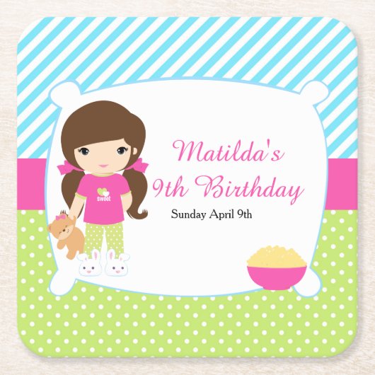 Brunette Girl Slumber Party Kartonnen Onderzetters (Voorkant)