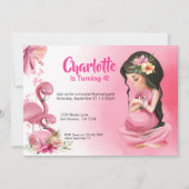 Brunette Girl Tropical Pink Flamingo Birthday Kaart (Voorkant)