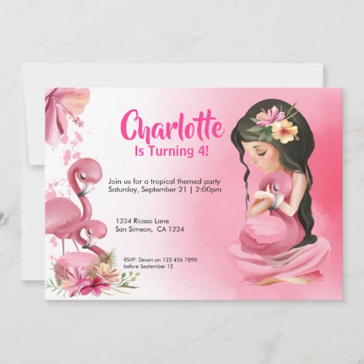 Brunette Girl Tropical Pink Flamingo Birthday Kaart (Voorkant)
