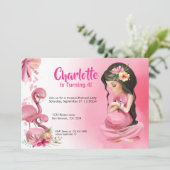 Brunette Girl Tropical Pink Flamingo Birthday Kaart (Staand voorkant)