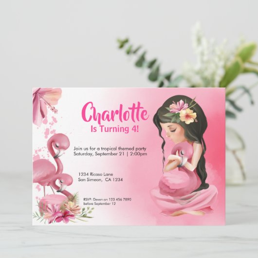 Brunette Girl Tropical Pink Flamingo Birthday Kaart (Staand voorkant)