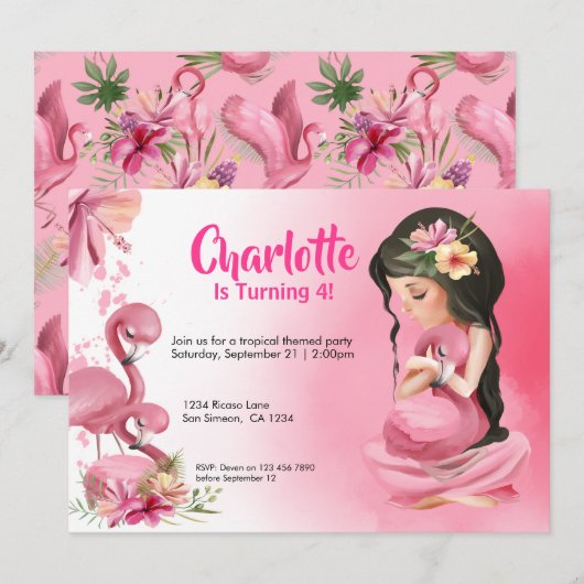 Brunette Girl Tropical Pink Flamingo Birthday Kaart (Voorkant / Achterkant)