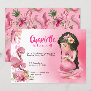 Brunette Girl Tropical Pink Flamingo Birthday Kaart