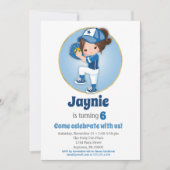 Brunette Girls Blue Softball Birthday Invitation Kaart (Voorkant)