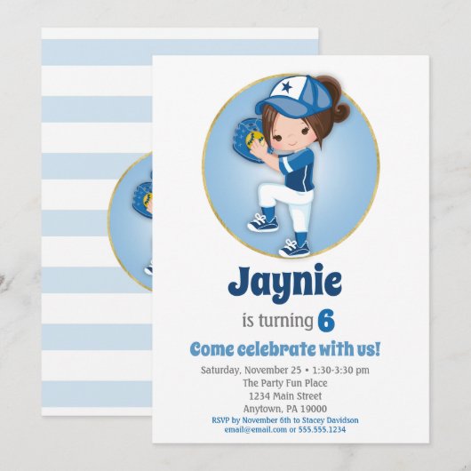 Brunette Girls Blue Softball Birthday Invitation Kaart (Voorkant / Achterkant)