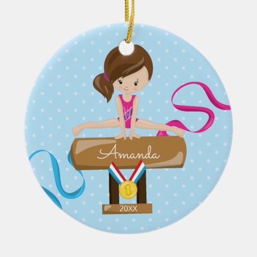 Brunette Gymnast Gymnastiek Kerst Ornament (Voorkant)