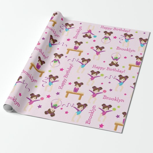 Brunette Gymnastics Birthday Wrapping Paper Cadeaupapier (Uitgerold)