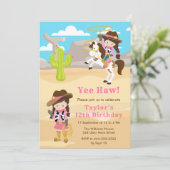 Brunette Haar Cowgirl Verjaardagsfeestje Kaart (Staand voorkant)