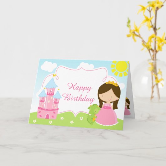 Brunette haar prinses en draak  kaart (Gele Bloem)