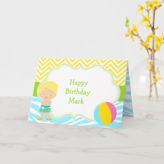 Brunette Hair Boy Pool Party Bash Kaart (Gele Bloem)