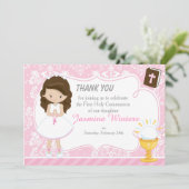 Brunette Hair Girl Eerste Communie Dank je Bedankkaart (Staand voorkant)
