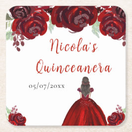 Brunette Hair Princess Red Floral Quinceanera Kartonnen Onderzetters