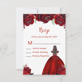 Brunette Hair Princess Red Floral Quinceanera RSVP Kaartje