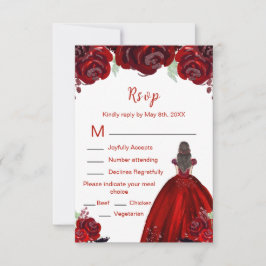 Brunette Hair Princess Red Floral Quinceanera RSVP Kaartje
