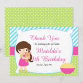 Brunette Haired Girl Sleepover Slumber Birthday Bedankkaart (Voorkant / Achterkant)