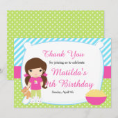 Brunette Haired Girl Sleepover Slumber Birthday Bedankkaart (Voorkant / Achterkant)