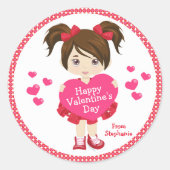 Brunette Happy Valentine's Day Ronde Sticker (Voorkant)