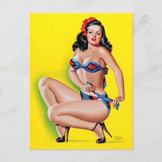 Brunette in Bikini Pin Up Briefkaart (Voorkant)