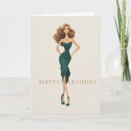 Brunette in Elegant Dark Teal Dress Fashion BDay Kaart