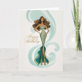 Brunette in Elegant Teal Gold Glam Fashion BDay Kaart